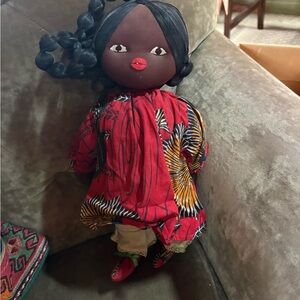 African Handmade Black Cloth Doll in Red Patterned Dress